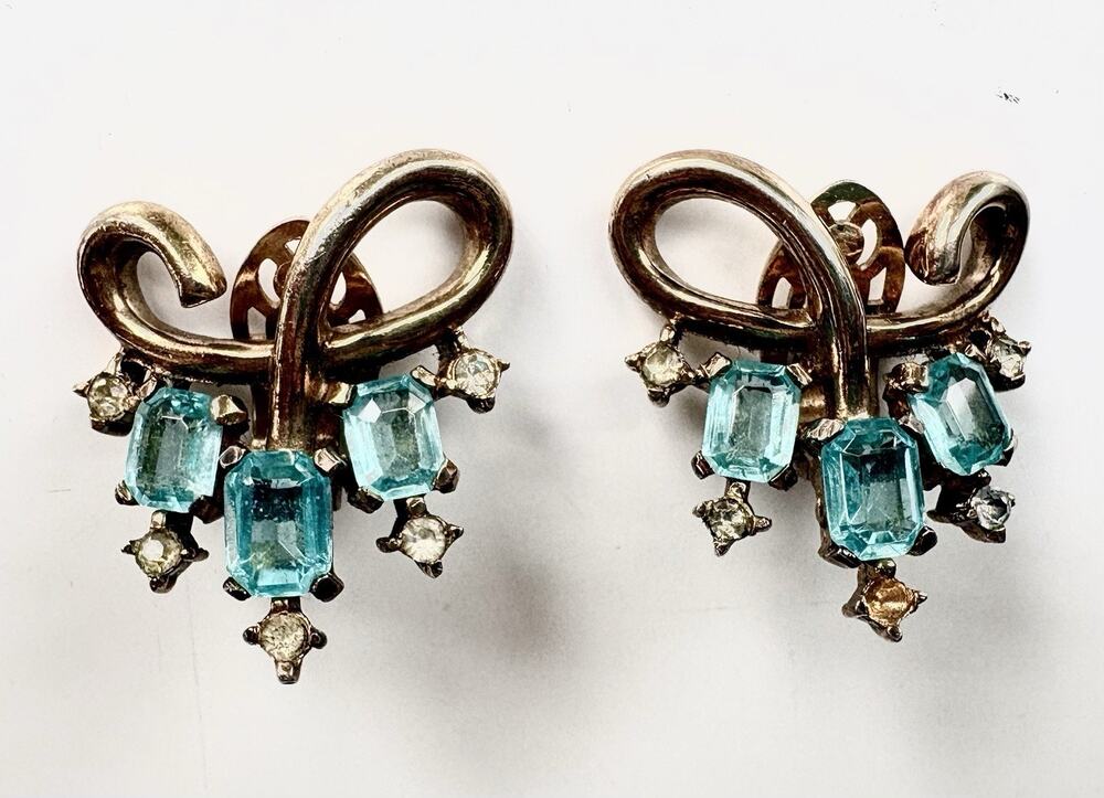 VTG Crown TRIFARI Earrings Clip-on Gold Tone Ribbon Blue Aquamarine Phillipe